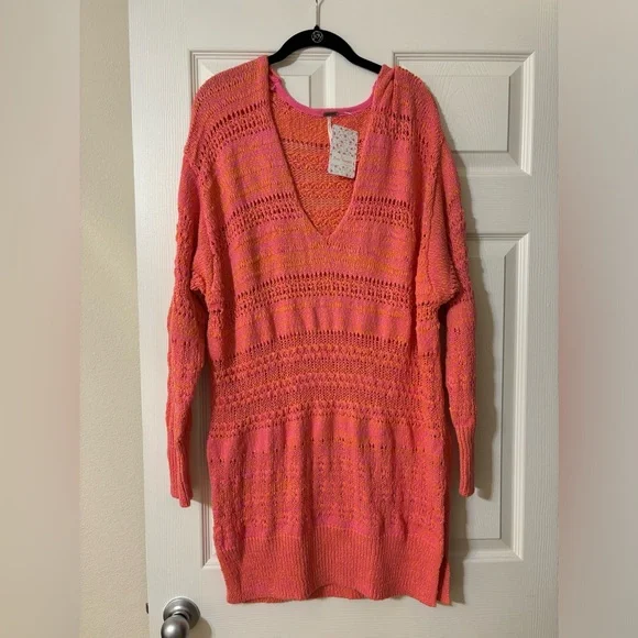 Free People Hot Tropics V-Neck Sweater Pink Large NWT - Picture 1 of 16
